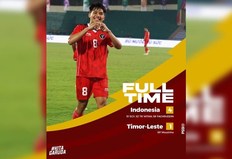 Timnas Indonesia U-23 arahan Shin Tae Yong berhasil meraih kemenangan perdana melawan Timor Leste 4-1 pada perhelatan Sea Games 2021 di Viet Tri Stadium, Phu Tho, Vietnam. Selasa (10/4/2022).