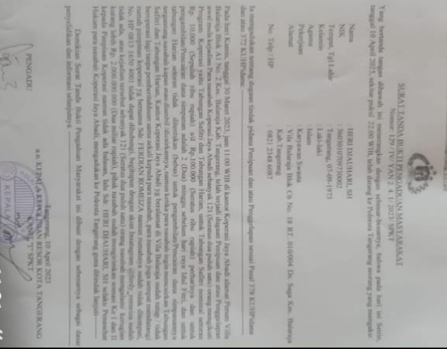 Laporan pengaduan pedagang Pasar Sentiong ke Polresta Tangerang.