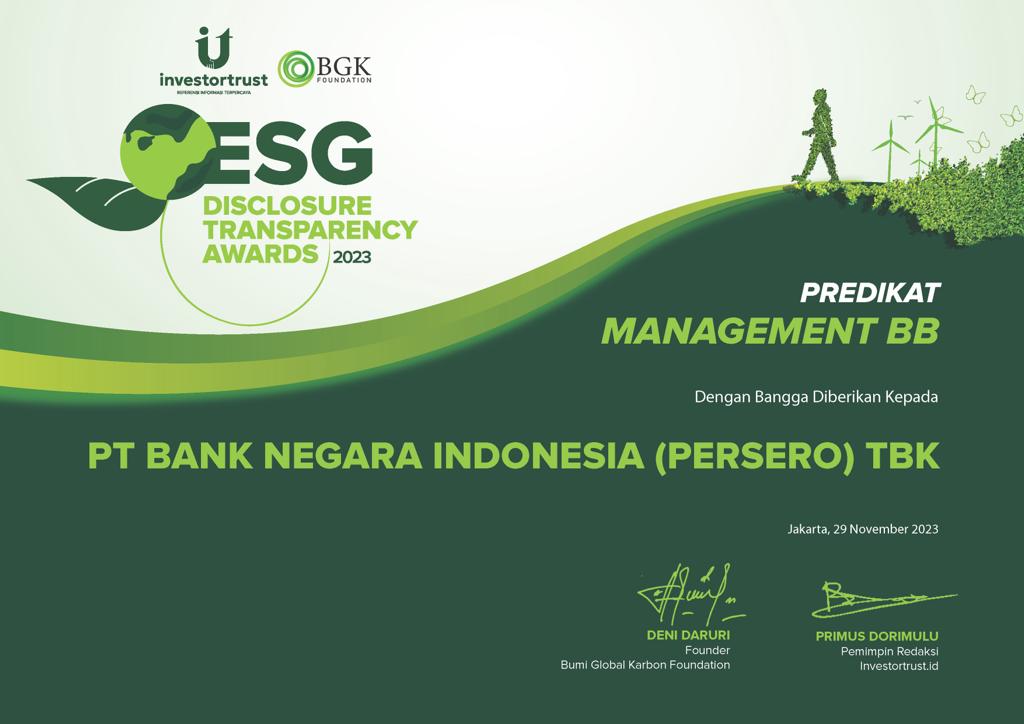Transparan Dalam Penyingkapan Laporan ESG, BNI Raih Penghargaan Investor Trust-BGK Foundation