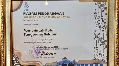 Pemkot Tangsel kembali meraih prestasi dengan memenangkan penghargaan nasional di bidang pengelolaan kinerja yang diberikan oleh BKN.