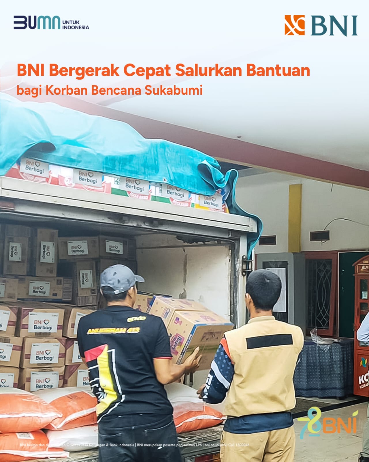 PT Bank Negara Indonesia (Persero) Tbk atau BNI melalui program Tanggung Jawab Sosial dan Lingkungan (TJSL) bergerak cepat membantu masyarakat yang terdampak bencana banjir dan longsor di Sukabumi, Jawa Barat.