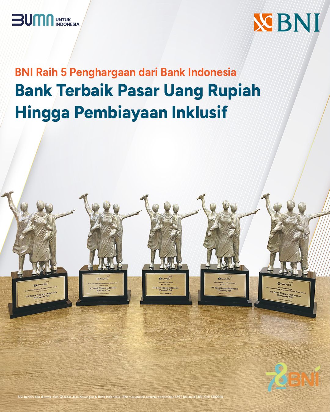 PT Bank Negara Indonesia Tbk (Persero) atau BNI kembali menunjukkan komitmennya dalam mendukung kebijakan Bank Indonesia mulai dari operasi moneter, sistem pembayaran, hingga makroprudensial. Langkah ini berhasil dibuktikan dengan diperolehnya 5 penghargaan sekaligus dalam Bank Indonesia Award 2024.