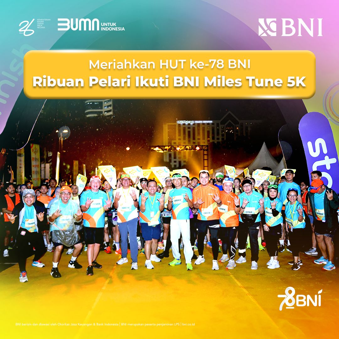 PT Bank Negara Indonesia (Persero) Tbk atau BNI sukses menggelar acara Fun Run 5K, BNI Miles Tune, yang digelar di Plaza Tenggara, Gelora Bung Karno (GBK), Jakarta, Sabtu (3/8/2024).