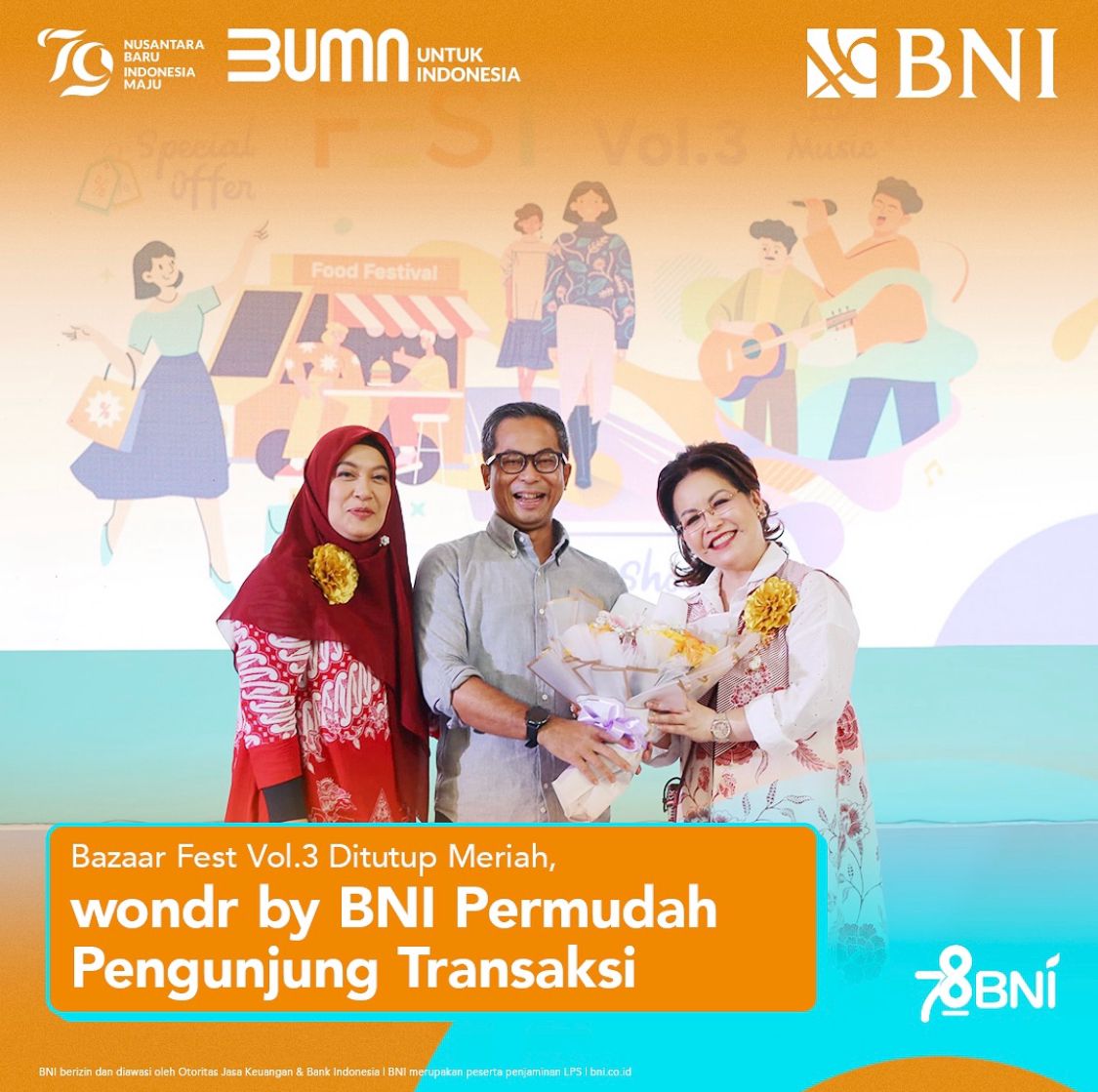 PT Bank Negara Indonesia (Persero) Tbk atau BNI kembali mencetak sukses melalui gelaran Bazaar Fest Vol.3 yang berlangsung meriah. Pameran ritel dan UMKM yang digelar selama tiga hari dari 28 hingga 30 Agustus 2024 ini berhasil menarik lebih dari 8.000 pengunjung dan menghasilkan total penjualan lebih dari Rp 5 miliar, angka yang melampaui pencapaian tahun lalu.