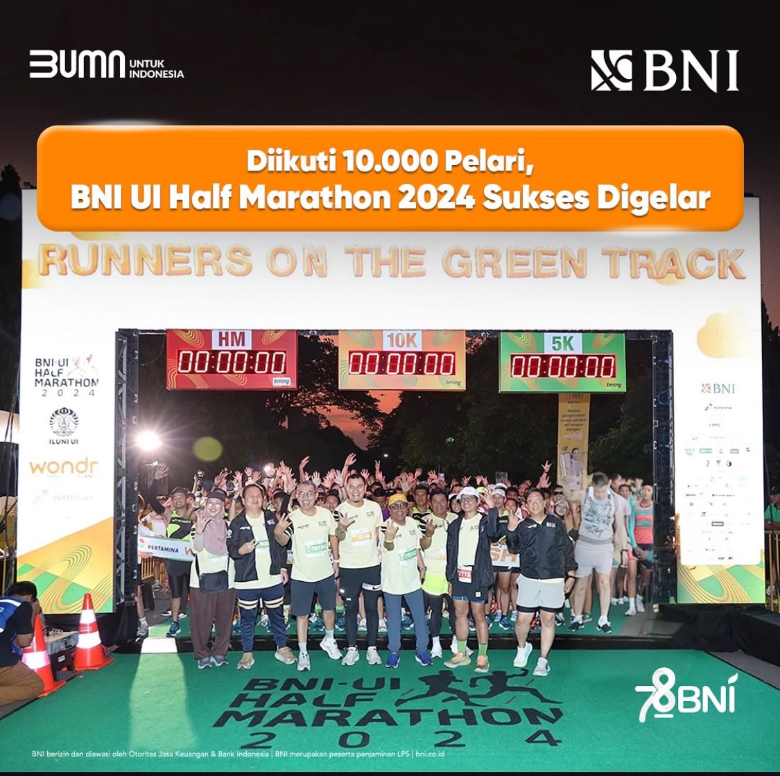 PT Bank Negara Indonesia (Persero) Tbk atau BNI bekerja sama dengan ILUNI UI sukses menggelar BNI UI Half Marathon 2024 untuk ke-7 kalinya. Mengangkat tema “The Greenest & Most Sterile Route Half Marathon”, ajang lari bergengsi ini mendapat antusiasme tinggi. Dari 10.000 peserta pelari, sekitar 6.000 peserta berlomba secara offline dan 4.000 peserta online.