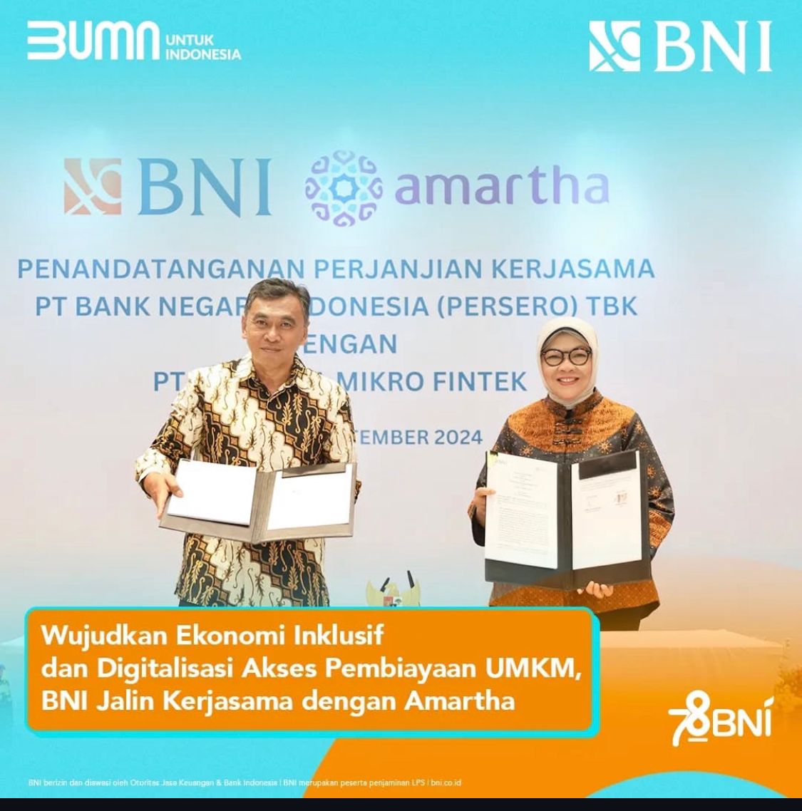 PT Bank Negara Indonesia (Persero) Tbk atau BNI kembali menunjukkan komitmennya dalam mendukung pengembangan usaha mikro kecil dan menengah (UMKM) di Indonesia melalui langkah strategis dalam digitalisasi akses pembiayaan.