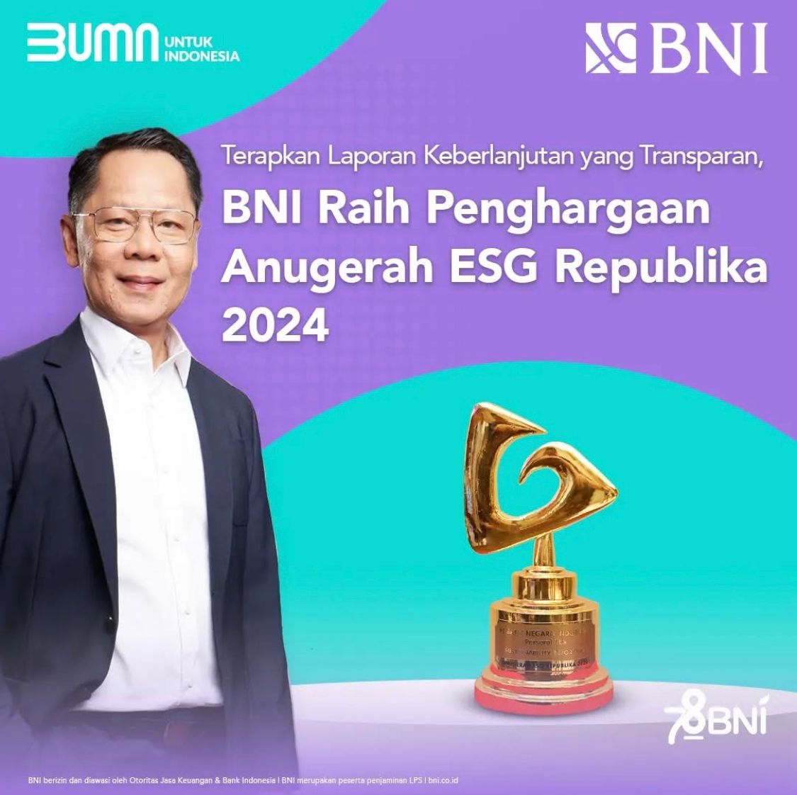 PT Bank Negara Indonesia (Persero) Tbk atau BNI meraih penghargaan dalam ajang Anugerah ESG Republika 2024 untuk kategori Sustainability Reporting. Penghargaan tersebut diraih atas transparansi dan komitmen BNI dalam menyusun laporan keberlanjutan yang mendetail, akurat, dan sesuai dengan standar internasional.