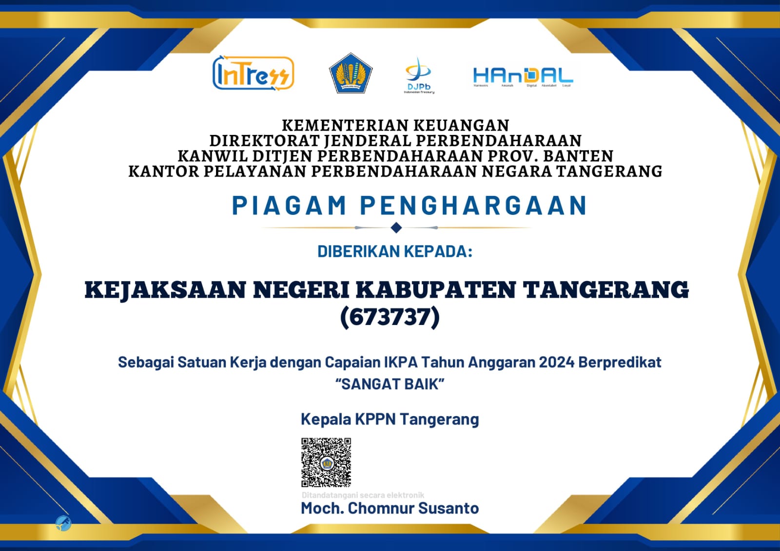 Kejaksaan Negeri Kabupaten Tangerang raih penghargaan IKPA 2024 dengan predikat sangat baik, bukti komitmen terhadap akuntabilitas anggaran.