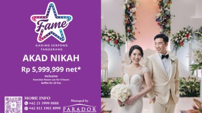 Fame Hotel Gading Serpong tawarkan paket akad nikah elegan Rp 5,9 juta lengkap dengan venue 5 jam & buffet 30 tamu.