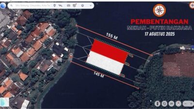 Tangsel gelar pembentangan bendera Merah Putih raksasa di Setu Gintung pada 17 Agustus 2025, libatkan puluhan komunitas.