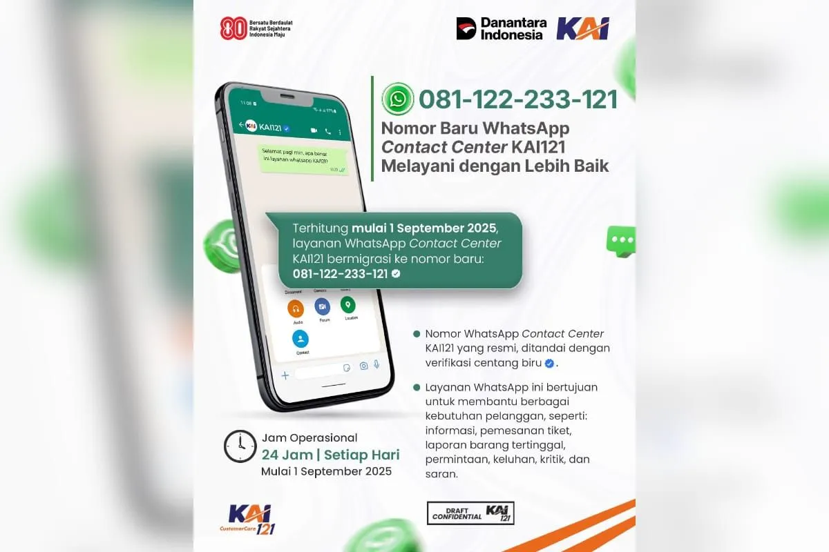 PT Kereta Api Indonesia (Persero) mengumumkan adanya perubahan nomor layanan WhatsApp Contact Center KAI121 yang resmi berlaku mulai 1 September 2025. Anne Purba, Vice President Public Relations KAI, menjelaskan bahwa perubahan ini tidak akan mengurangi kualitas layanan pelanggan. Justru, KAI berkomitmen menghadirkan layanan yang lebih baik, cepat, dan responsif.