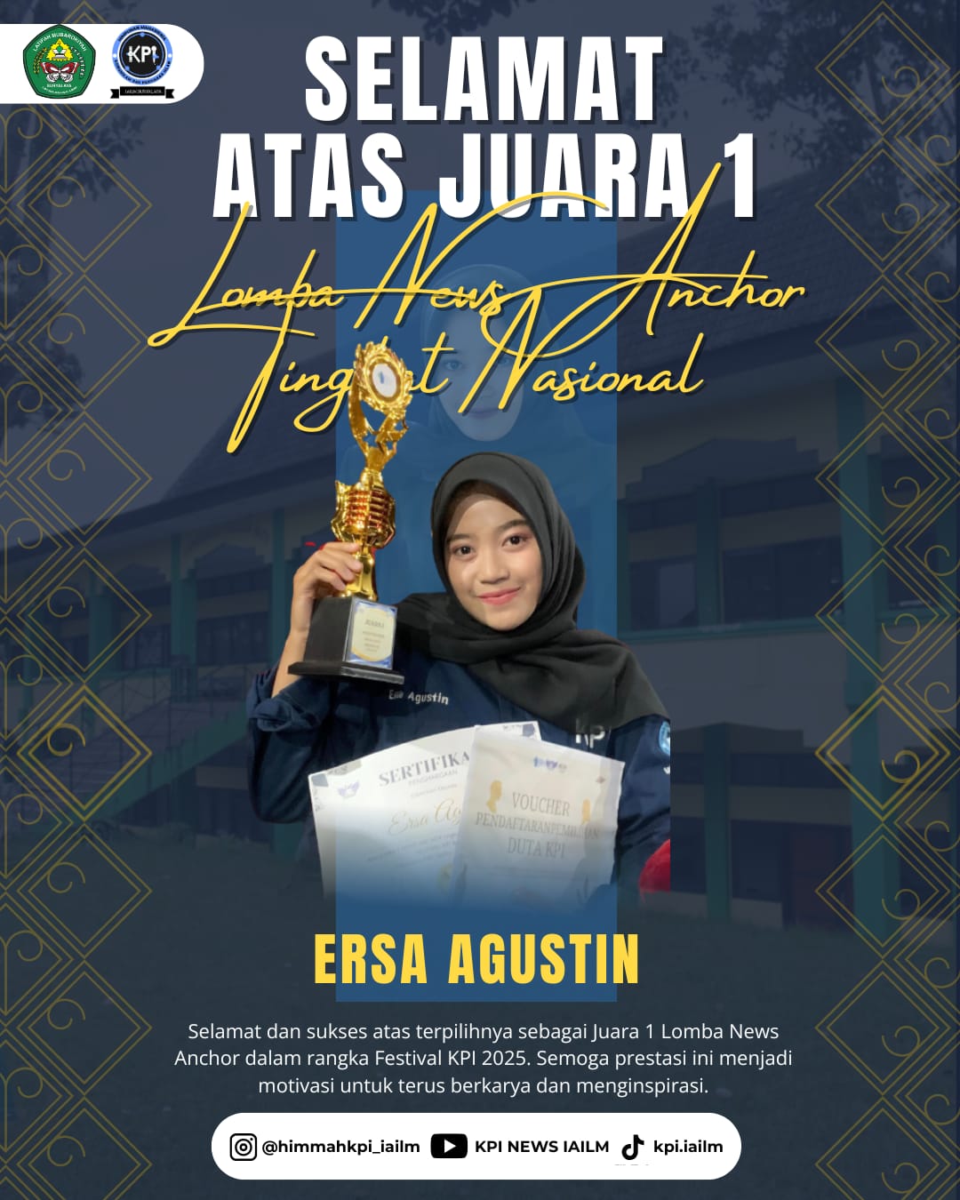 Mahasiswa KPI IAILM Suryalaya meraih Juara 1 News Anchor dan Juara 2 Videografi pada Seminar Nasional KPI Bergerak di Tasikmalaya.