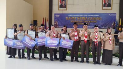 Kwarran Cisoka meraih Juara 1 Kwarran Teraktif pada Rapat Kerja Kwarcab Tangerang 2026 berkat konsistensi program.