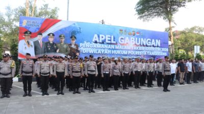 Polresta Tangerang amankan titik keramaian saat malam takbiran 2026 melalui apel gabungan dan patroli di sejumlah lokasi.