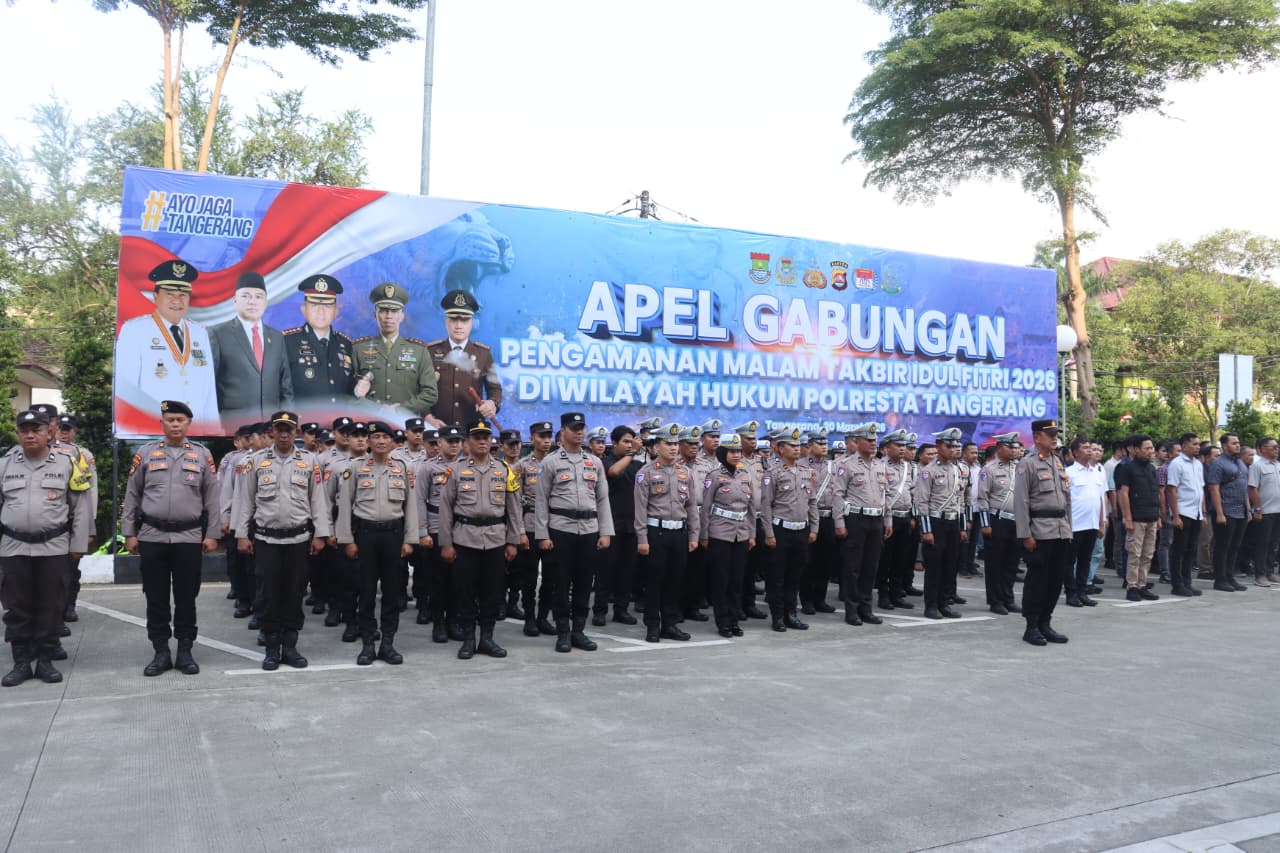 Polresta Tangerang amankan titik keramaian saat malam takbiran 2026 melalui apel gabungan dan patroli di sejumlah lokasi.