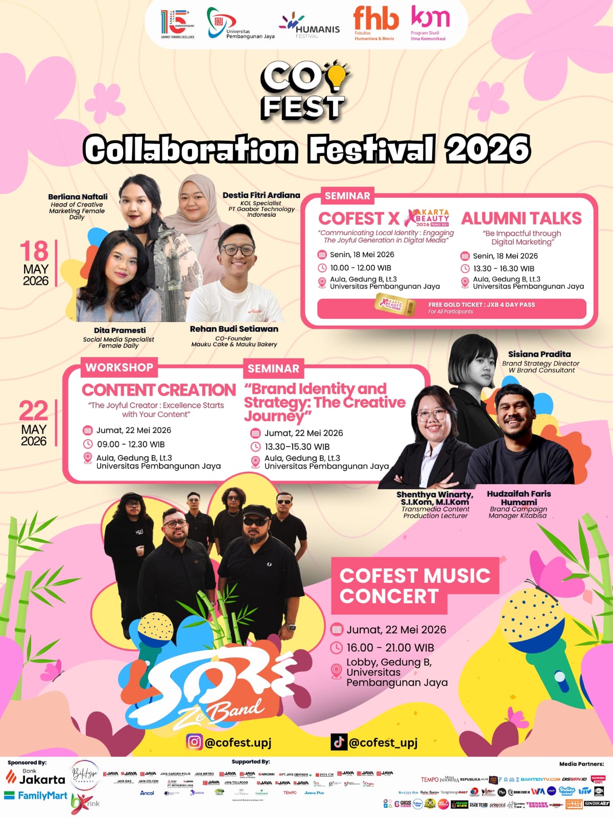 CoFest 2026 UPJ menggandeng Female Daily dan Jakarta x Beauty menghadirkan seminar digital marketing bagi generasi muda.