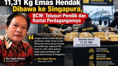 BCW meminta Bea Cukai menelusuri asal, pemilik, hingga penerima 11,31 kg emas yang hendak dibawa delapan penumpang ke Singapura.
