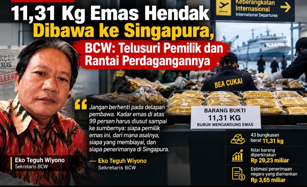 BCW meminta Bea Cukai menelusuri asal, pemilik, hingga penerima 11,31 kg emas yang hendak dibawa delapan penumpang ke Singapura.