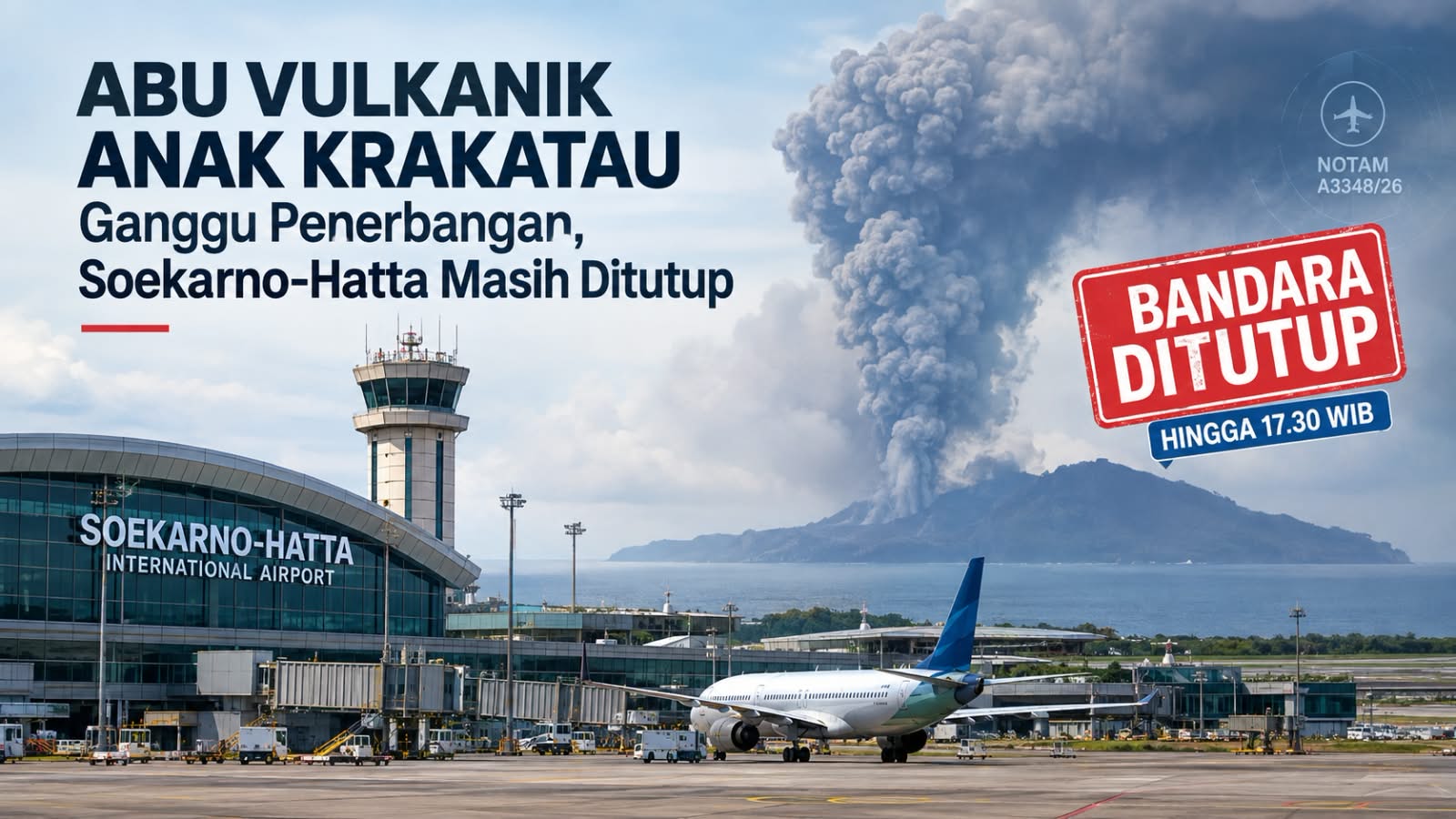 Bandara Soekarno-Hatta masih ditutup sementara akibat abu vulkanik Anak Krakatau. AirNav memperbarui informasi penerbangan.